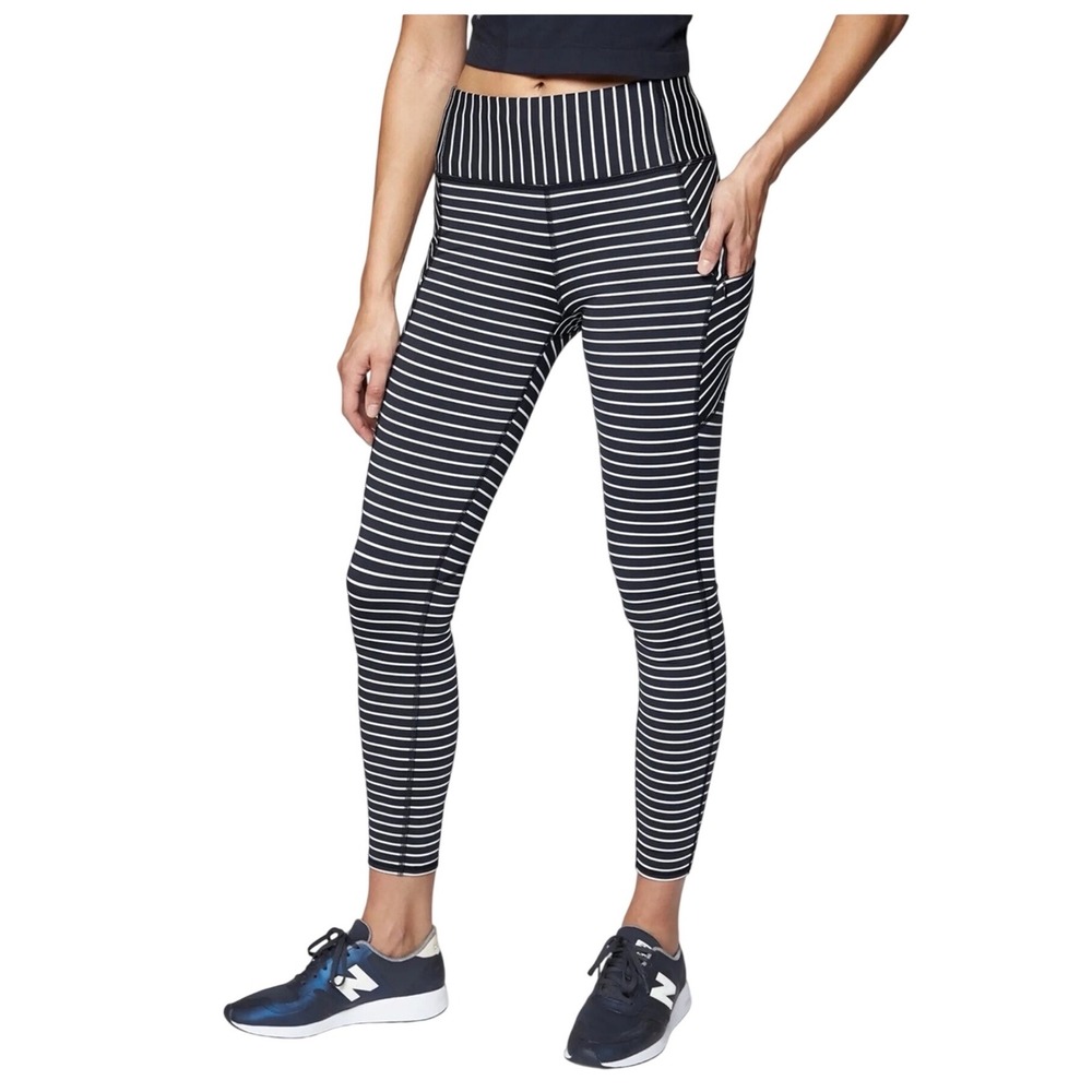 Athleta Contender 7/8 Powerlift Leggings Small Black White Stripe Pockets